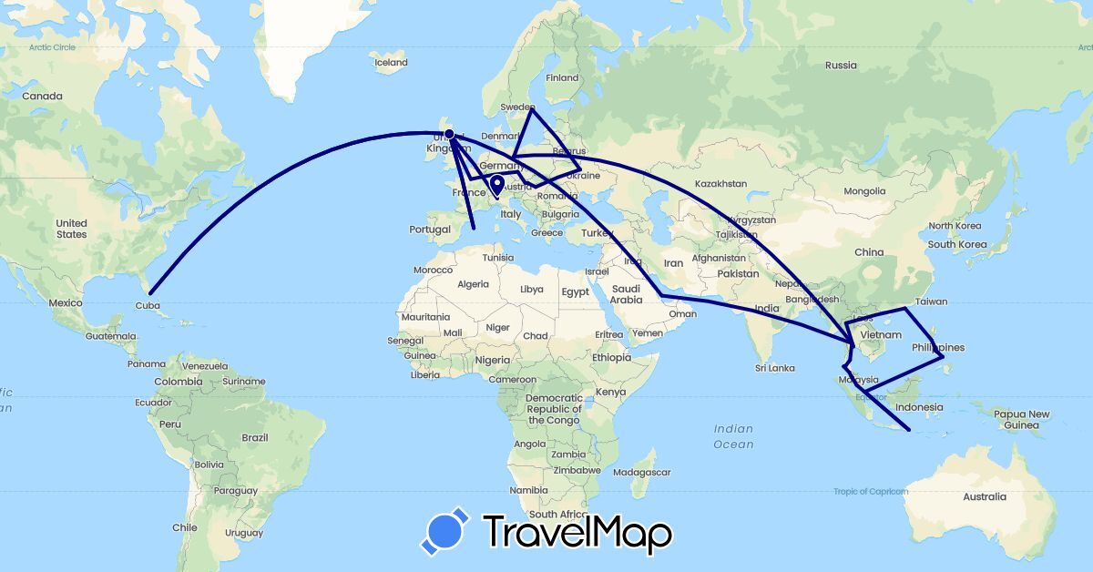 TravelMap itinerary: driving in Austria, Czech Republic, Germany, Spain, France, United Kingdom, Hong Kong, Hungary, Indonesia, Italy, Malaysia, Philippines, Qatar, Sweden, Singapore, Slovakia, Thailand, Ukraine, United States (Asia, Europe, North America)